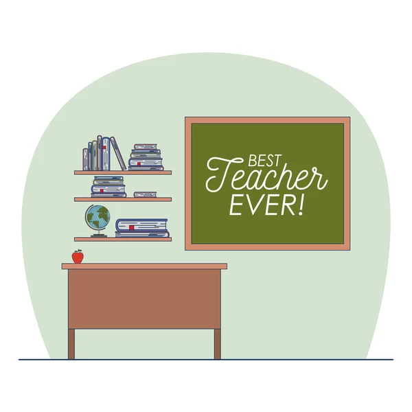 Τάξη με ξύλινο ράφι με βιβλία και Μαυροπίνακας με κείμενο του καλύτερος δάσκαλος ποτέ — Διανυσματικό Αρχείο