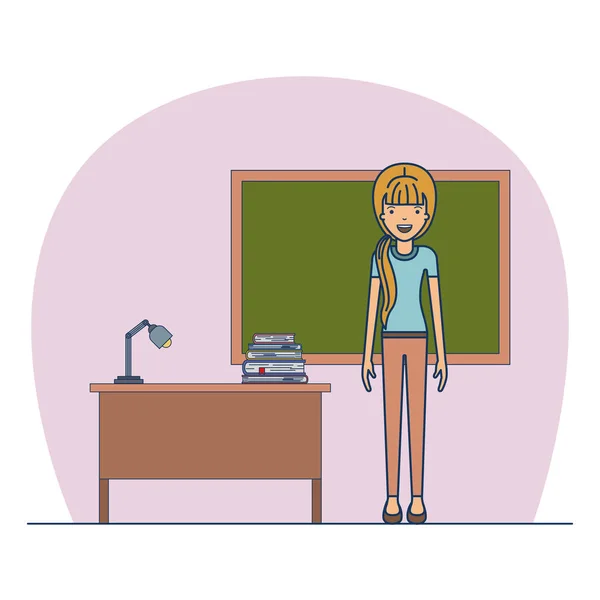 本と黒板と机を教室にカジュアルな服装で女先生 — ストックベクタ