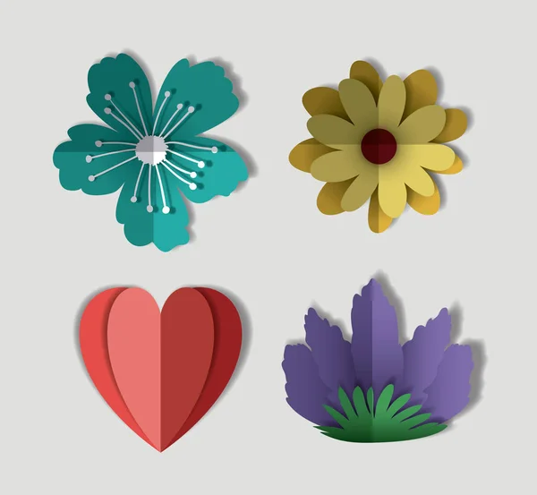 Fleurs mignonnes nad coeur ensemble icônes — Image vectorielle