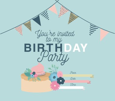 mutlu doğum günü partisi davetiyesi çiçek dekorasyon ve kek