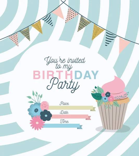 Happy birthday party invitation with floral decoration and cupcake — Stock Vector