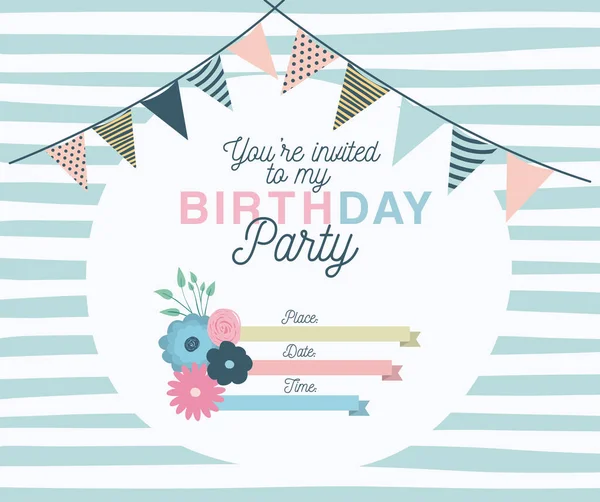 Happy Birthday Party Einladung mit floraler Dekoration — Stockvektor