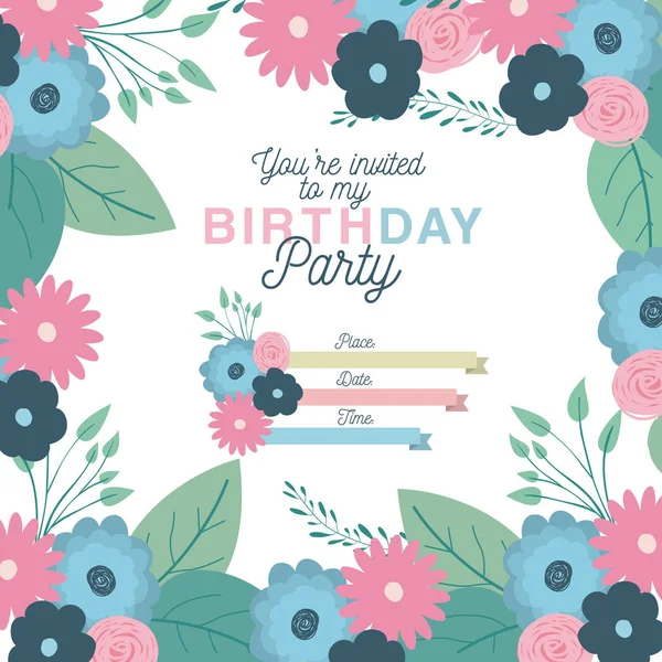 Happy Birthday Party Einladung mit floraler Dekoration — Stockvektor