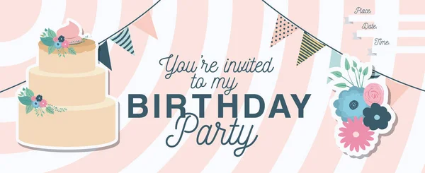 Happy birthday party zaproszenie z dekoracje kwiatowe i ciasto — Wektor stockowy
