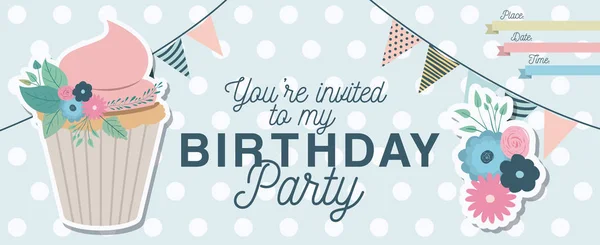 Happy Birthday Party Einladung mit Blumenschmuck und Cupcake — Stockvektor