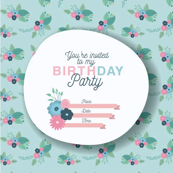 Happy Birthday Party Einladung mit floraler Dekoration — Stockvektor