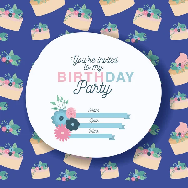 Happy Birthday Party Einladung mit Blumenschmuck und Kuchen — Stockvektor