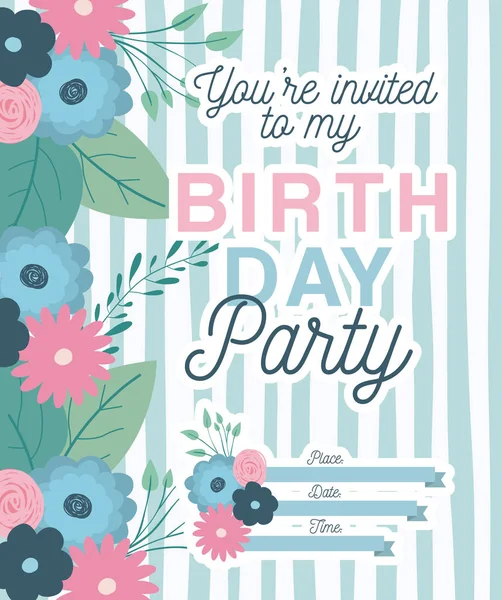 Happy Birthday Party Einladung mit floraler Dekoration — Stockvektor