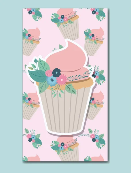 Gelukkige verjaardag-kaart met florale decoratie en cupcake — Stockvector