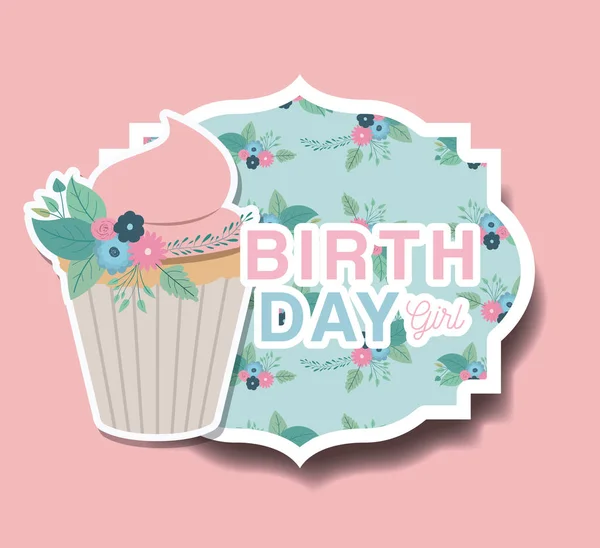 快乐的生日贺卡与花卉装饰和蛋糕 — 图库矢量图片