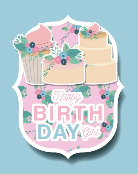 快乐的生日贺卡与花卉装饰和蛋糕 — 图库矢量图片
