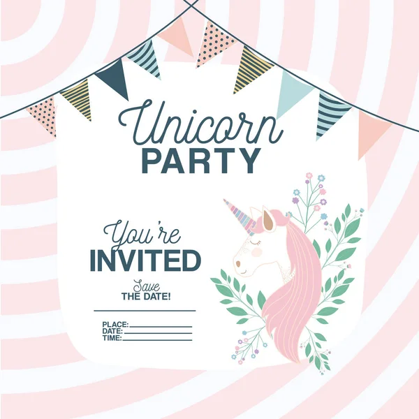 Unicorn party invitation card with floral decoration and garlands — Stock Vector