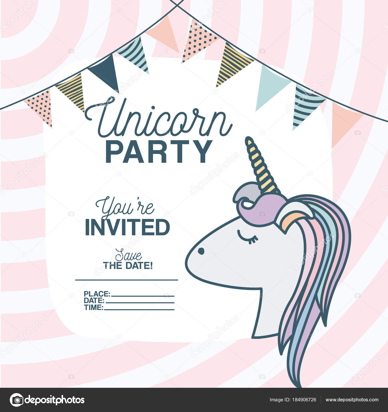 Unicorn party invitation card with floral decoration and garlands Stock