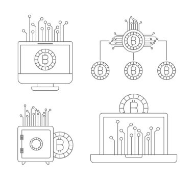 bitcoin bilgisayar ve kasa ve teknoloji ile yatırımın tek renkli simgeler