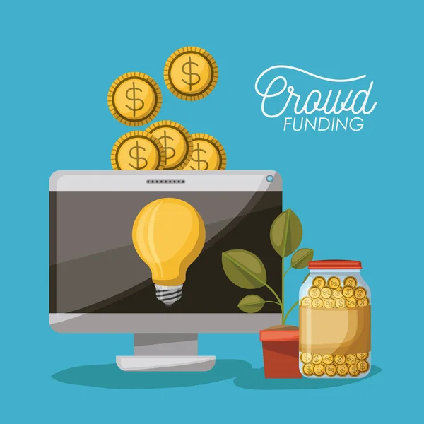 Crowdfunding poster of desktop computer with light bulb in screen and coins on top and plant pot and coins in bottle in blue background — Stock Vector
