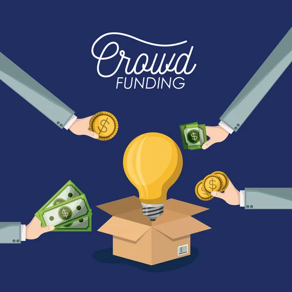Crowdfunding poster with cardboard box opened with big light bulb in dark blue background and hands with money bills and coins — Stock Vector