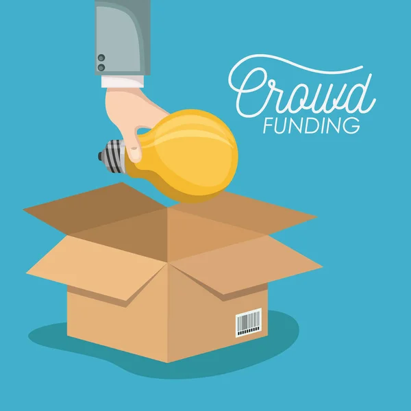 Crowd funding poster with hand depositing bulb in cardboard box in blue background — Stock Vector