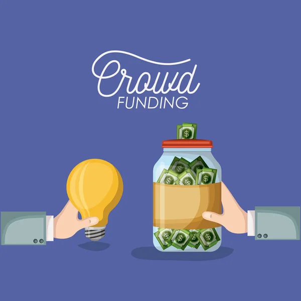 Crowd funding poster with hands holding light bulb and bottle with money bills savings in background purple color — Stock Vector