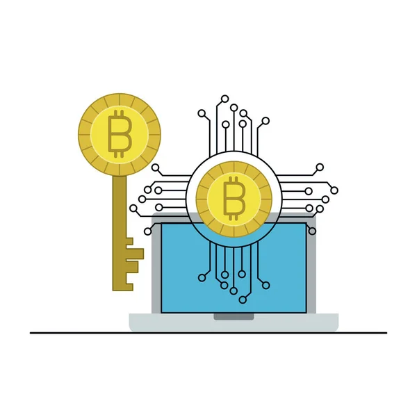 Bitcoin digital currency key network in laptop computer — стоковый вектор