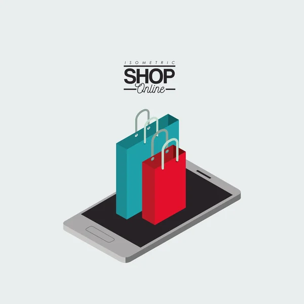 Shopping bags over smartphone poster colorati isometrici shop online — Vettoriale Stock
