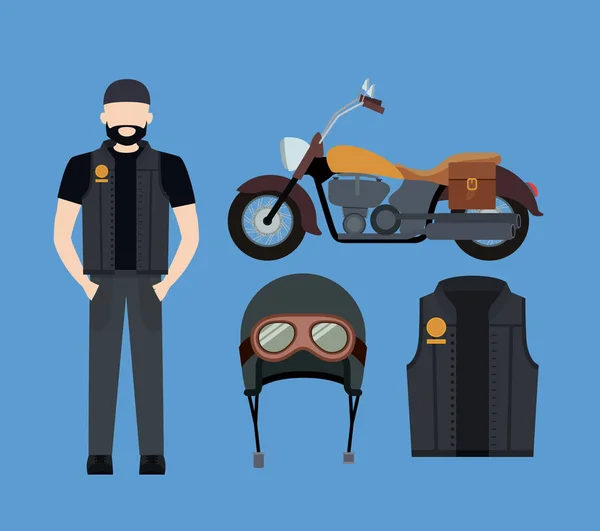 Motorradfahrer und klassisches gelbes Motorrad mit Jacke und Helm vor blauem Hintergrund — Stockvektor