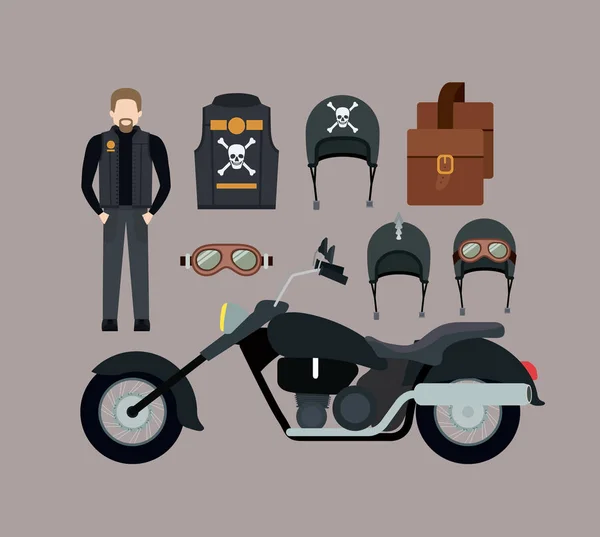Motociclista y motocicleta negra clásica con chaqueta y bolso de cuero y gafas de casco en fondo de color cardo — Archivo Imágenes Vectoriales
