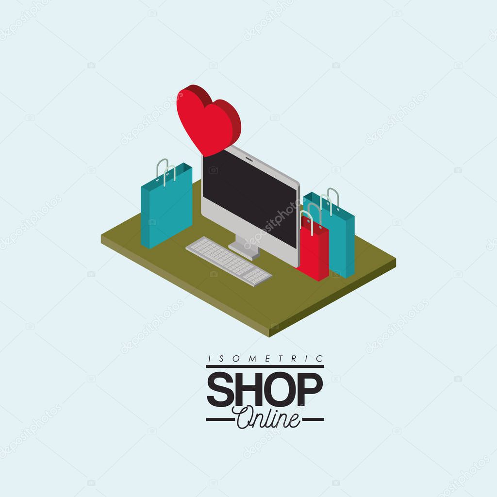 desktop computer and shopping bags over green floor with heart on top colorful poster isometric shop online