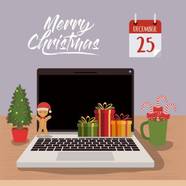 neşeli Noel poster ile dizüstü bilgisayar sahne önünde görüntülemek Noel dekorasyonu ile