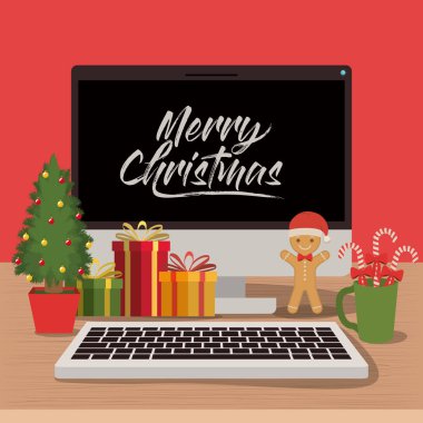 neşeli Noel poster ile masaüstü bilgisayar sahne önünde görüntülemek Noel dekorasyonu ile