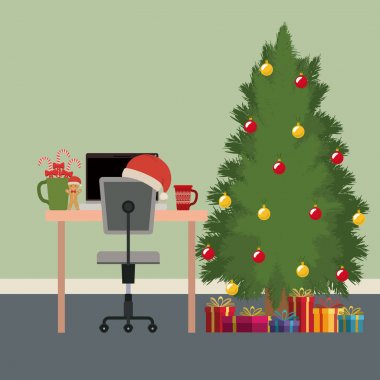 Masaüstü bilgisayar ve büyük Noel ağacı ve hediye ile Noel ofis işyeri sahne