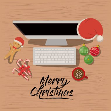 neşeli Noel poster Üstten Görünüm Noel dekorasyon ve şekerler, kurabiye ve çikolata Kupası ile sahnede masaüstü bilgisayar ile