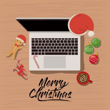 neşeli Noel poster ile dizüstü bilgisayar sahnede Noel dekorasyon ve şekerler, kurabiye ve çikolata Kupası ile Üstten Görünüm