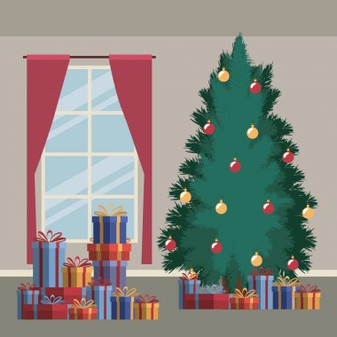 pencere arka plan ve büyük Noel ağacı ve hediyeler Noel ev sahne