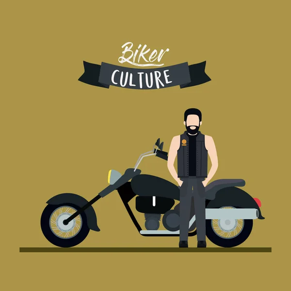 Cartel de la cultura motociclista con hombre y motocicleta clásica con horquilla telescópica larga y tanque de combustible negro y fondo de color oliva — Vector de stock