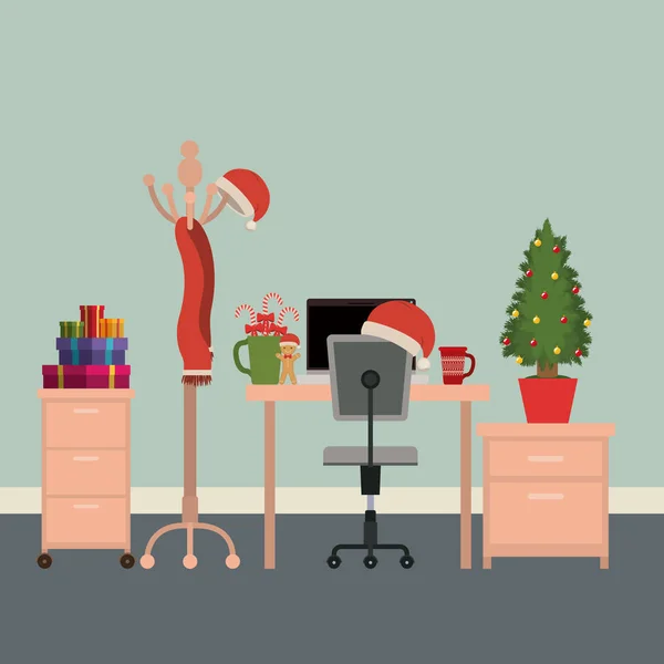 christmas office workplace scene with desktop computer and file cabinets and christmas decoration and gifts and christmas tree in pot