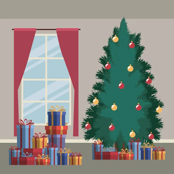 Scène de maison de Noël avec fond de fenêtre et grand arbre de Noël et cadeaux — Image vectorielle