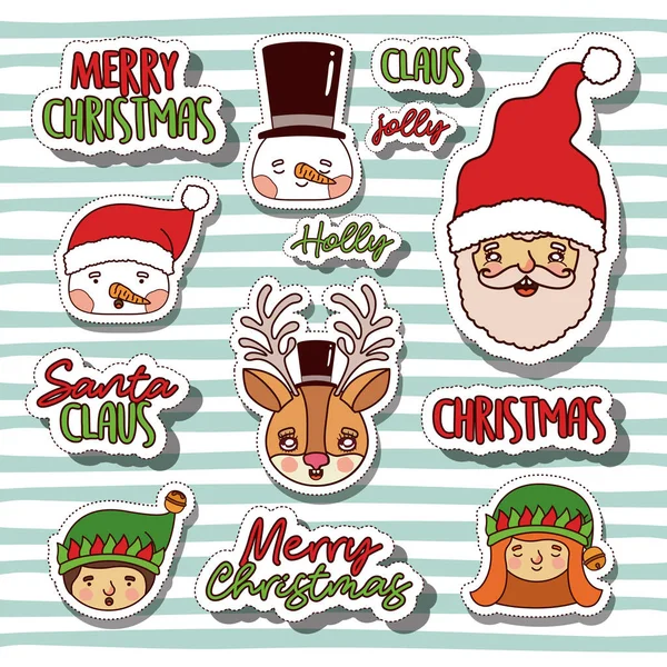 Kardan adam ve cüceler ve Noel Baba ve Ren geyiği ile arka plan rengi satırları çıkartmaları yüzlerle mutlu Noeller — Stok Vektör