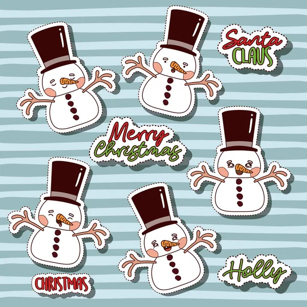 Joyeux noël avec des autocollants modèle de bonhomme de neige et texte de Noël avec des lignes de couleur de fond — Image vectorielle