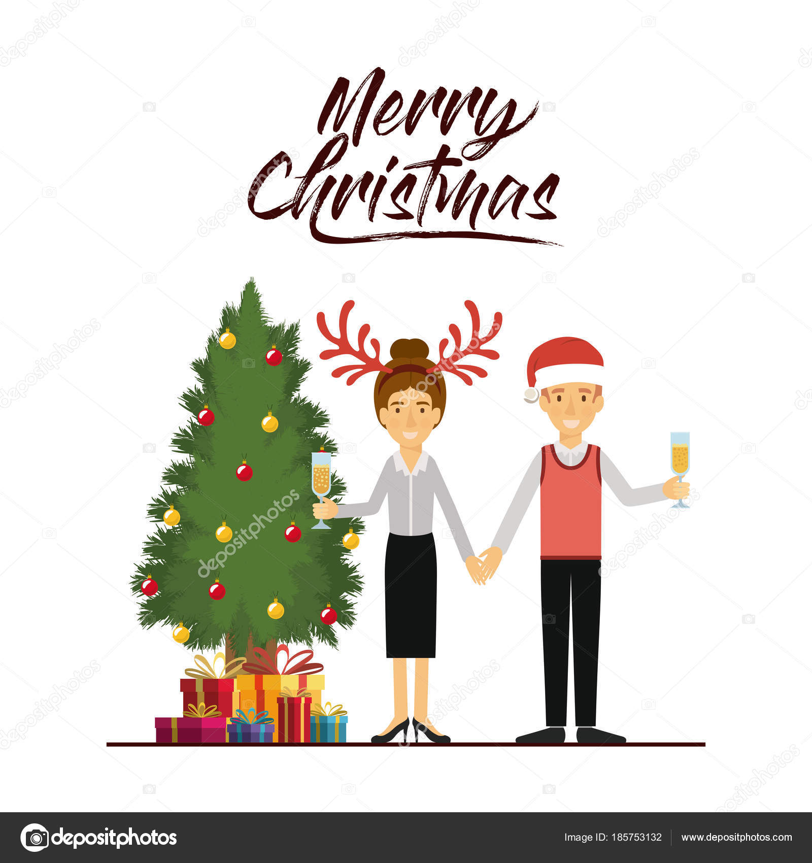 赤いクリスマス帽子トナカイ角クリスマス帽子と彼のギフトとツリーと彼女