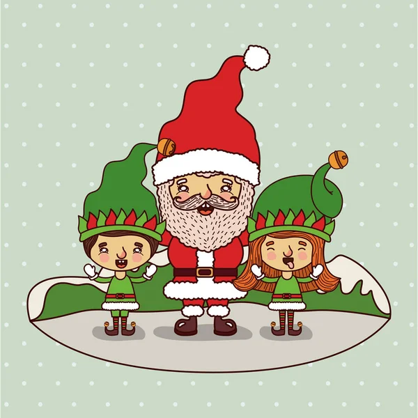 Рождественская открытка с Санта-Клаусом и гномами детей на красочном фоне горы и снег падает — стоковый вектор