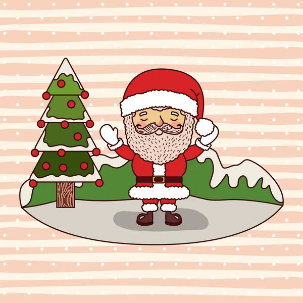Cartão de natal com Papai Noel e árvore de Natal em paisagem colorida fundo montanhas e neve caindo — Vetor de Stock