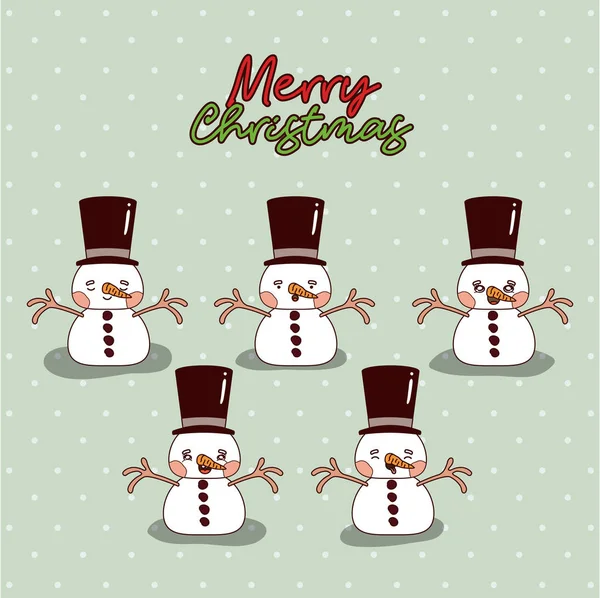 Merry christmas card with group of snowman with background of snow falling — Stock Vector