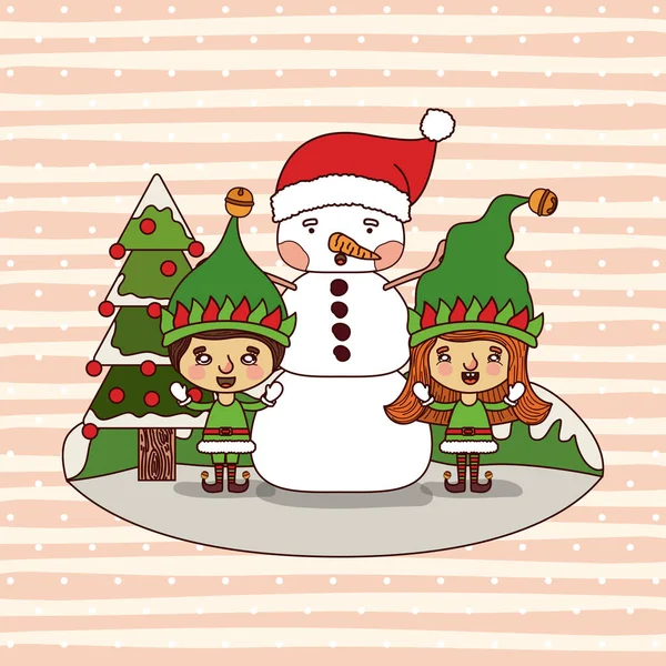 Julkort med julgran och gnome barn och snögubbe och jultomten på färgstarka landskap bakgrund berg och snö faller över linjerna bakgrund — Stock vektor
