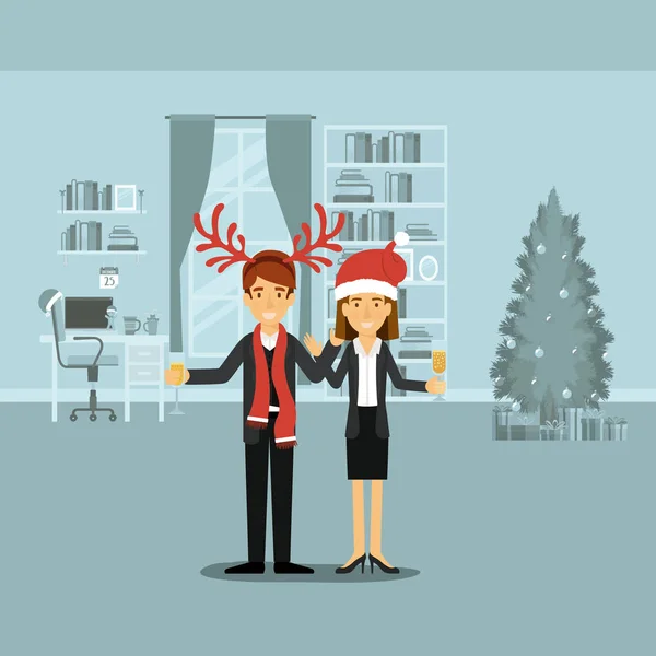 stock vector couple in formal clothes celebrating christmas with champagne glass and him with red reindeer horns and her with christmas hat on colorful scene in home