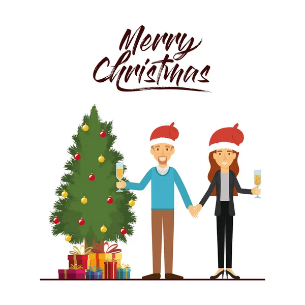 贈り物や赤いクリスマス帽子でそれらの両方とツリーとひげと彼の隣にシャンパン グラスでクリスマスを祝うカップルのメリー クリスマス カード — ストックベクタ