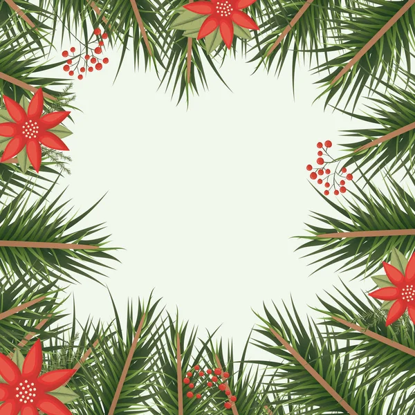 Adorno de Navidad fondo con ramas de pino de colores y flores rojas — Archivo Imágenes Vectoriales