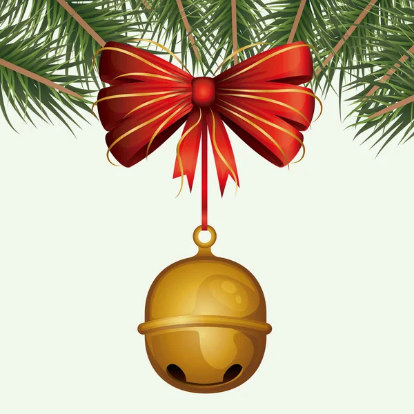 Різдвяний декоративний фон з різнокольорових соснових гілок і дзвонів підвіска з декоративної стрічки на білому тлі — стоковий вектор