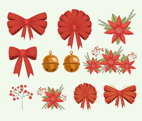 Natal conjunto fitas decorativas arcos e flores poinsettia no fundo branco — Vetor de Stock