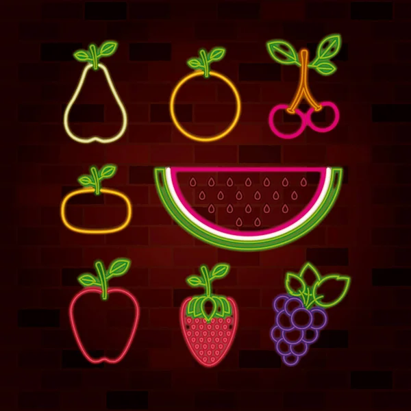 Fruits set in neon sign on brick wall — Stock Vector