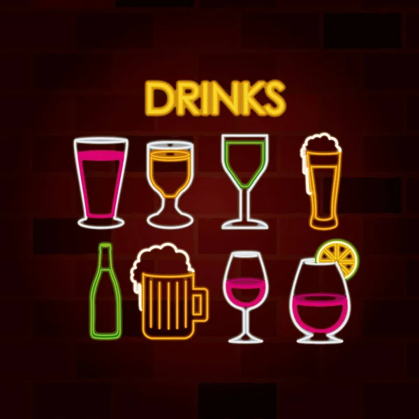 Drinks set of neon sign on brick wall — Stock Vector